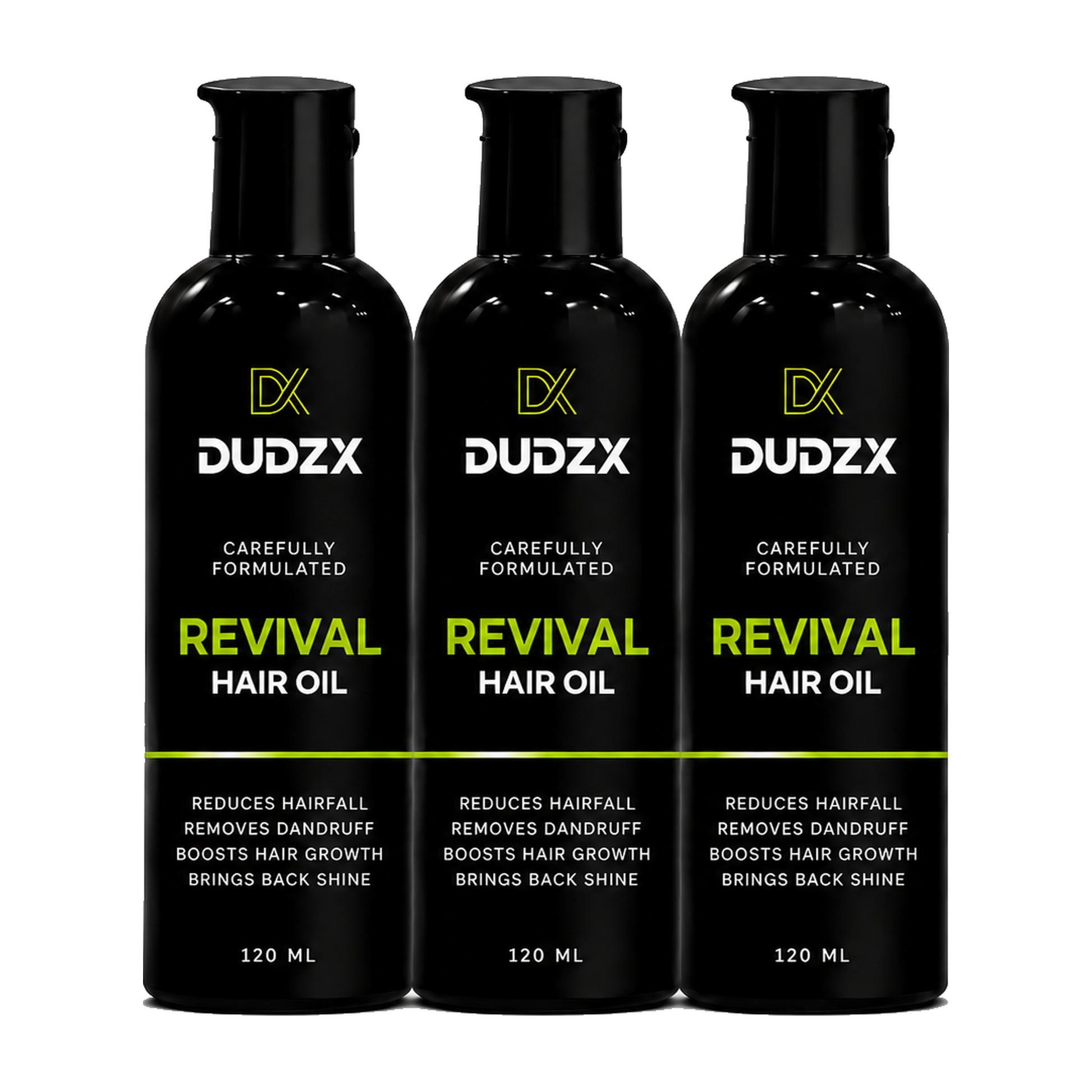 Dudzx Revival Hair Oil 3-Pack Bundle — three full-size bottles, hair care Pakistan