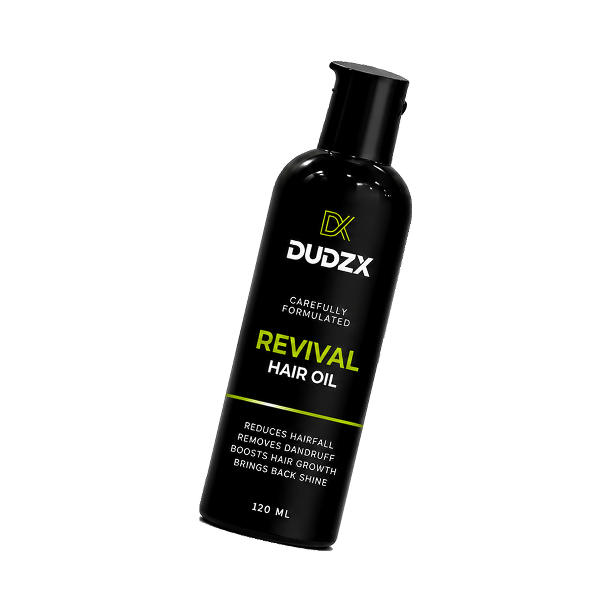 Dudzx Revival Hair Oil tilted bottle — strengthen roots reduce hair fall Pakistan