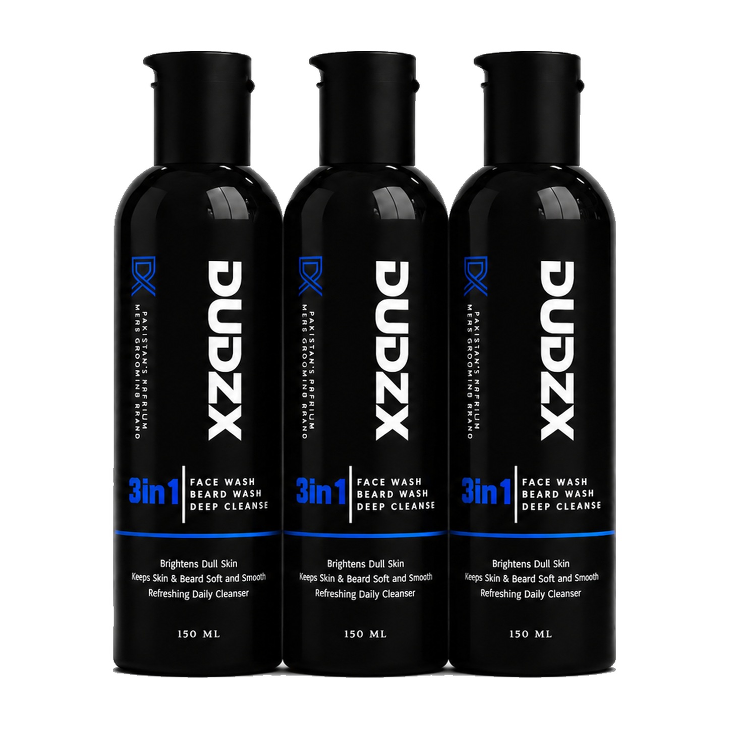 Dudzx 3-in-1 Face & Beard Wash 3-Pack Bundle — three full-size bottles, men's grooming Pakistan