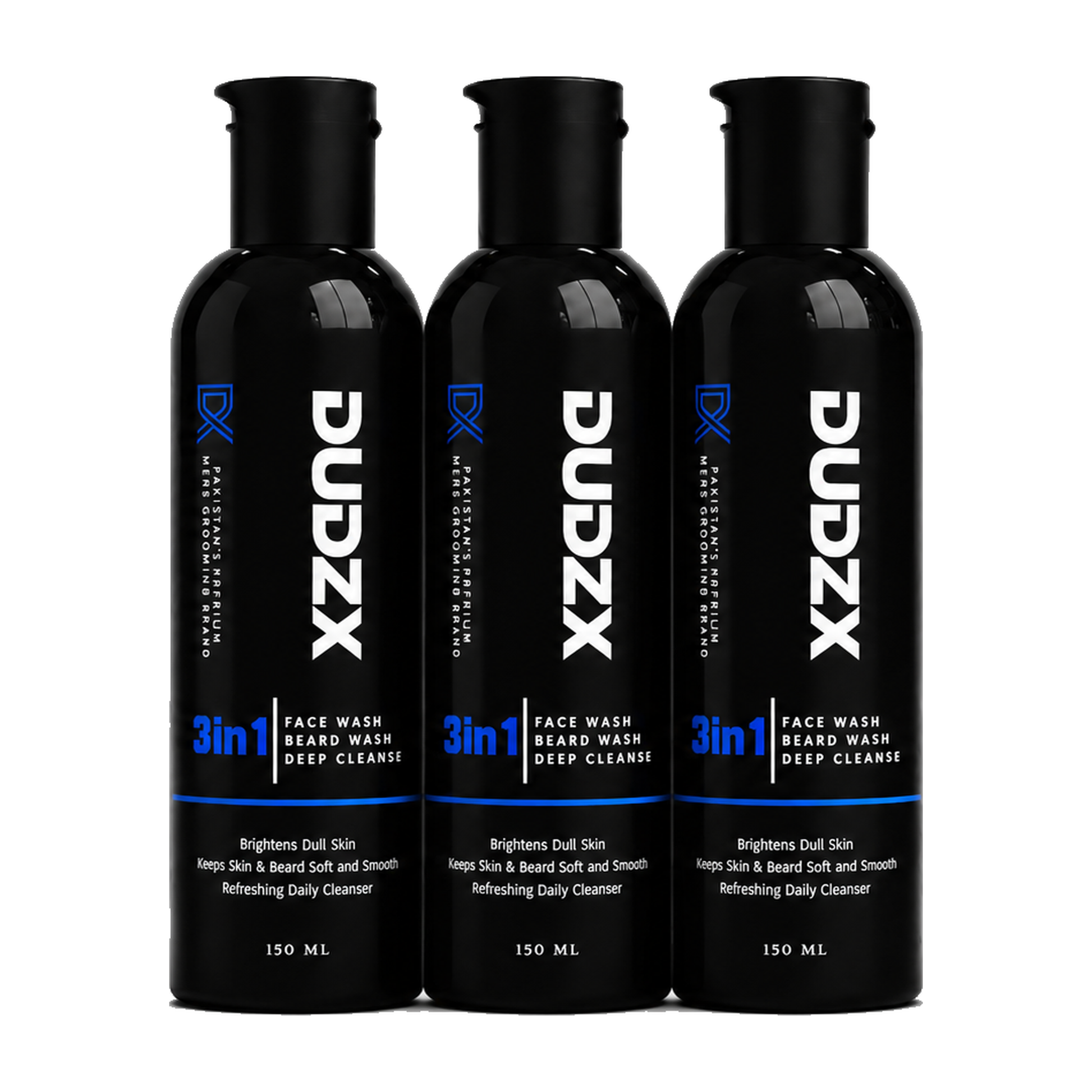 Dudzx 3-in-1 Face & Beard Wash 3-Pack Bundle — three full-size bottles, men's grooming Pakistan